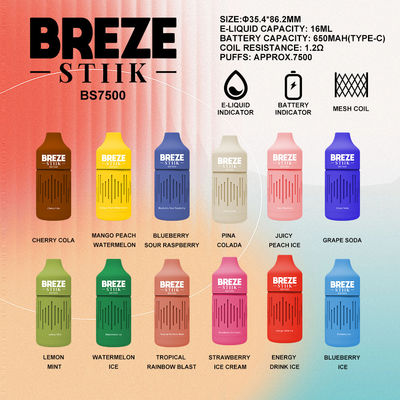 BREZE STIIK BS7500 одноразовый вейп большой пуф 16 мл предварительно заполненный сок 650 мАч батарея