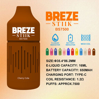 BREZE STIIK BS7500 одноразовый вейп большой пуф 16 мл предварительно заполненный сок 650 мАч батарея